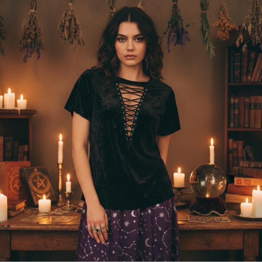 Entro Velvet Lace-Up Blouse Small Black Gothic Witchy Whimsigoth Victorian Vamp